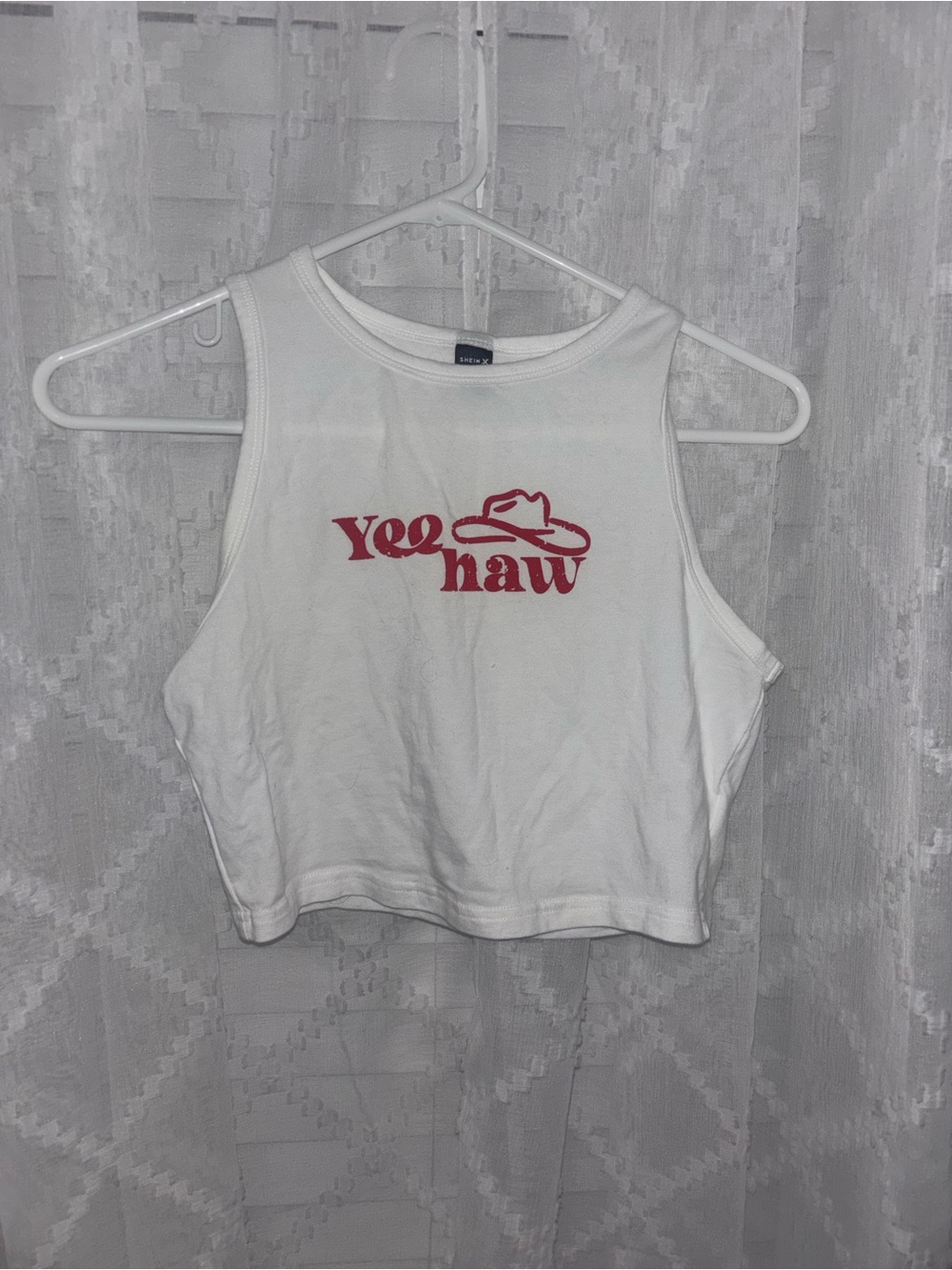 SHEIN White Crop Tank with Red 'Yeehaw' Graphic